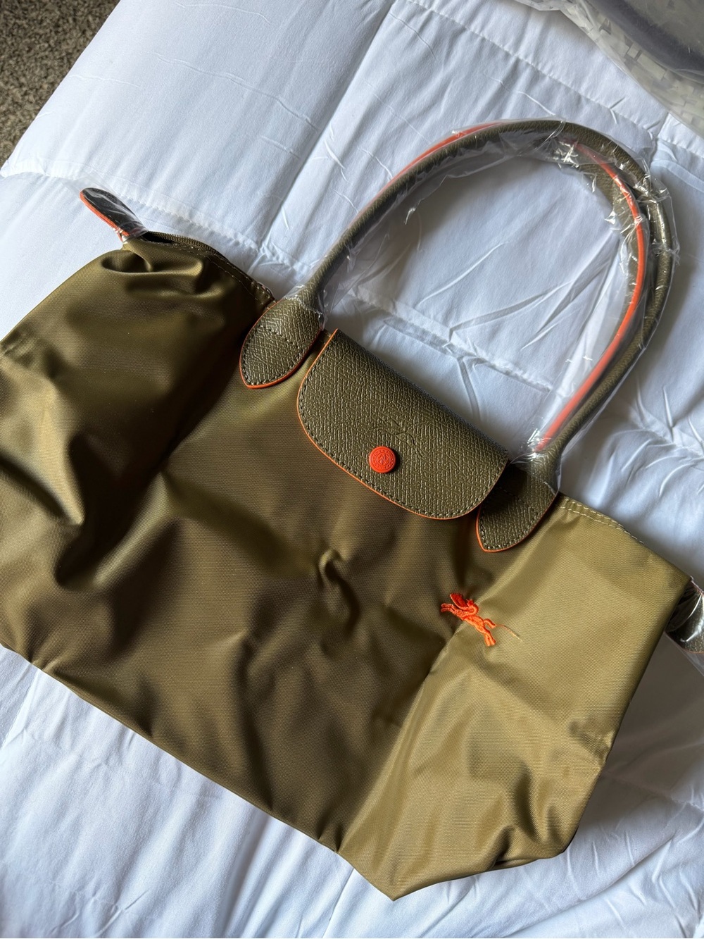 Longchamp Olive Green Tote with Orange Trim